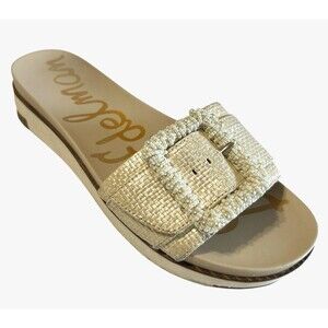 Sam Edelman Ariane Pearl Studded Beaded Buckle Woven Slide Beige Sandals Sz 8.5